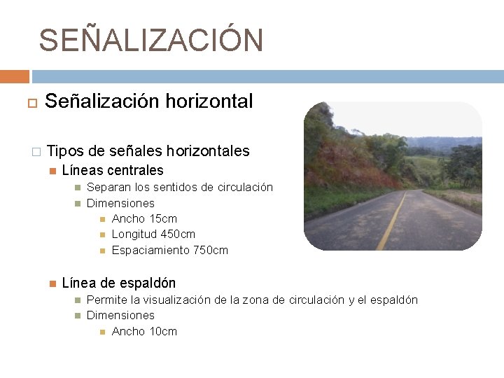 SEÑALIZACIÓN � Señalización horizontal Tipos de señales horizontales Líneas centrales Separan los sentidos de