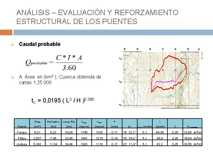 ANÁLISIS – EVALUACIÓN Y REFORZAMIENTO ESTRUCTURAL DE LOS PUENTES Ø Caudal probable A: Área