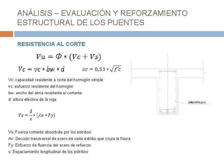 ANÁLISIS – EVALUACIÓN Y REFORZAMIENTO ESTRUCTURAL DE LOS PUENTES RESISTENCIA AL CORTE Vc: capacidad ANÁLISIS – EVALUACIÓN Y REFORZAMIENTO ESTRUCTURAL DE LOS PUENTES RESISTENCIA AL CORTE Vc: capacidad