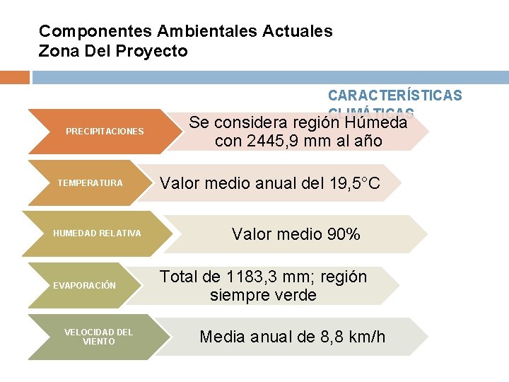 Componentes Ambientales Actuales Zona Del Proyecto CARACTERÍSTICAS CLIMÁTICAS PRECIPITACIONES TEMPERATURA HUMEDAD RELATIVA EVAPORACIÓN VELOCIDAD Componentes Ambientales Actuales Zona Del Proyecto CARACTERÍSTICAS CLIMÁTICAS PRECIPITACIONES TEMPERATURA HUMEDAD RELATIVA EVAPORACIÓN VELOCIDAD