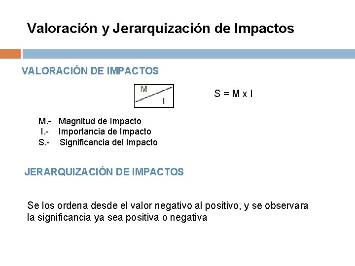 Valoración y Jerarquización de Impactos VALORACIÓN DE IMPACTOS S = M x I M.