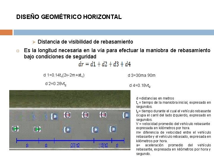 DISEÑO GEOMÉTRICO HORIZONTAL Ø Distancia de visibilidad de rebasamiento Es la longitud necesaria en