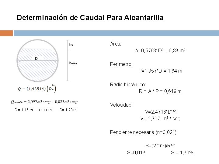 Determinación de Caudal Para Alcantarilla Área: A=0, 5768*D 2 = 0, 83 m 2