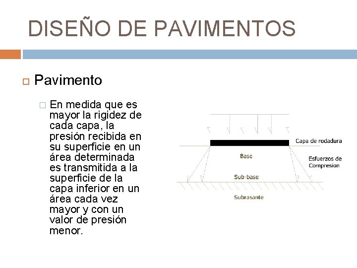 DISEÑO DE PAVIMENTOS Pavimento � En medida que es mayor la rigidez de cada