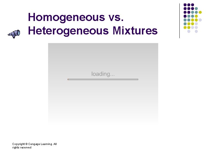 Homogeneous vs. Heterogeneous Mixtures Copyright © Cengage Learning. All rights reserved 