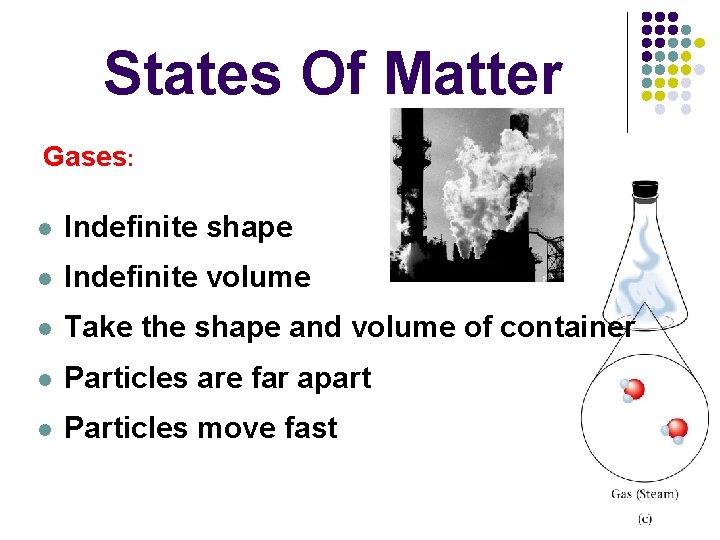 States Of Matter Gases: l Indefinite shape l Indefinite volume l Take the shape