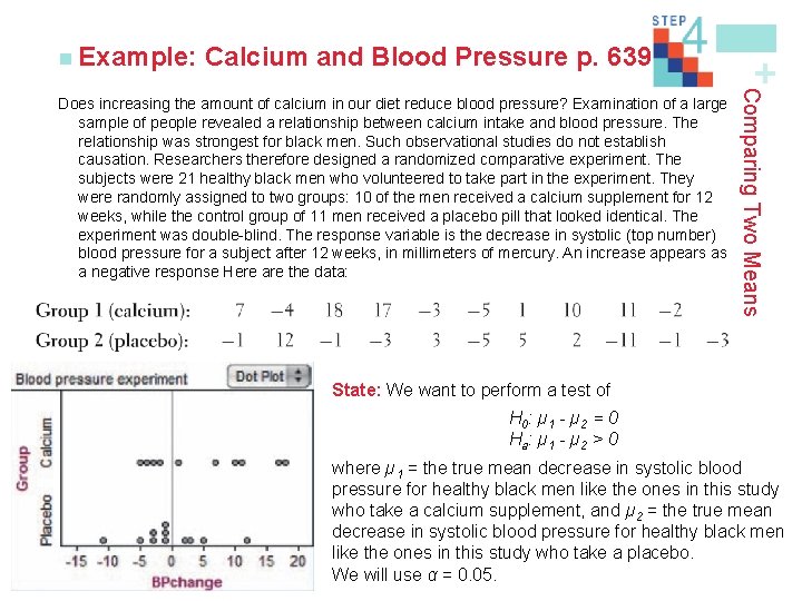 Calcium and Blood Pressure p. 639 Comparing Two Means Does increasing the amount of