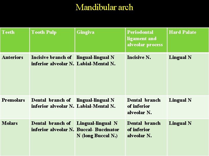 Mandibular arch Teeth Tooth Pulp Anteriors Gingiva Periodontal ligament and alveolar process Hard Palate