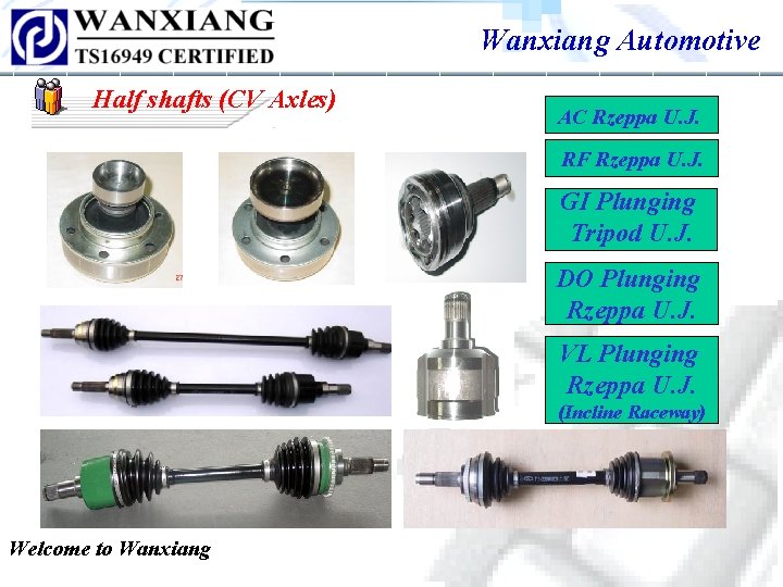Wanxiang Automotive Half shafts (CV Axles) AC Rzeppa U. J. RF Rzeppa U. J. Wanxiang Automotive Half shafts (CV Axles) AC Rzeppa U. J. RF Rzeppa U. J.