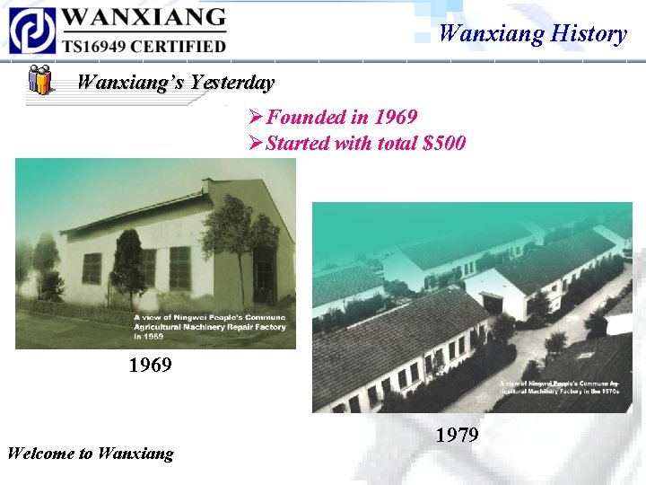 Wanxiang History Wanxiang’s Yesterday ØFounded in 1969 ØStarted with total $500 1969 Welcome to Wanxiang History Wanxiang’s Yesterday ØFounded in 1969 ØStarted with total $500 1969 Welcome to
