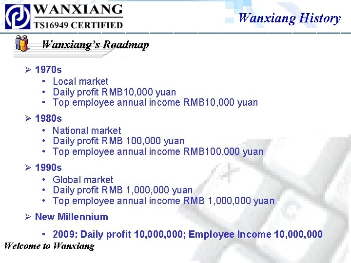 Wanxiang History Wanxiang’s Roadmap Ø 1970 s • Local market • Daily profit RMB Wanxiang History Wanxiang’s Roadmap Ø 1970 s • Local market • Daily profit RMB