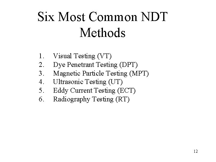 Six Most Common NDT Methods 1. 2. 3. 4. 5. 6. Visual Testing (VT)