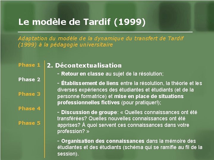 Le modèle de Tardif (1999) Adaptation du modèle de la dynamique du transfert de