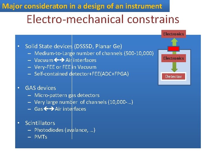 Major consideraton in a design of an instrument Electro-mechanical constrains Electronics • Solid State