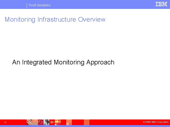 Tivoli Solutions Monitoring Infrastructure Overview An Integrated Monitoring Approach 11 © 2006 IBM Corporation