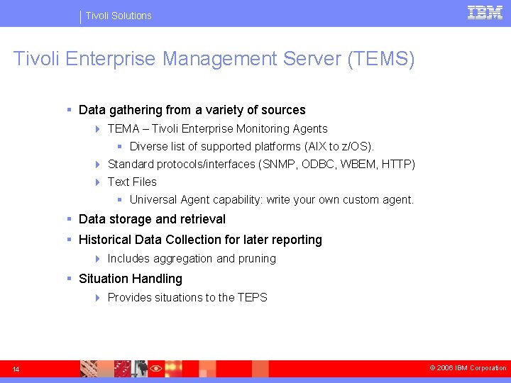 Tivoli Solutions Tivoli Enterprise Management Server (TEMS) § Data gathering from a variety of