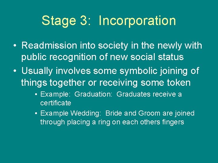 Stage 3: Incorporation • Readmission into society in the newly with public recognition of