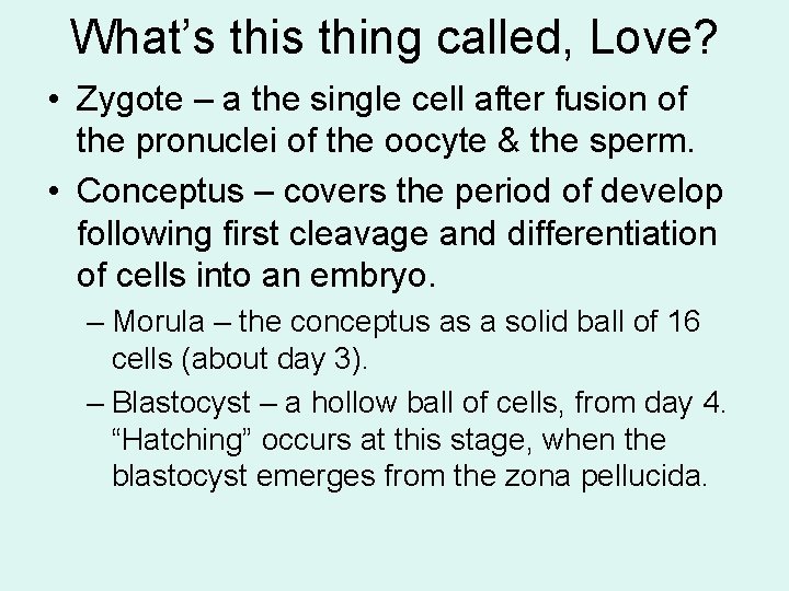 What’s thing called, Love? • Zygote – a the single cell after fusion of