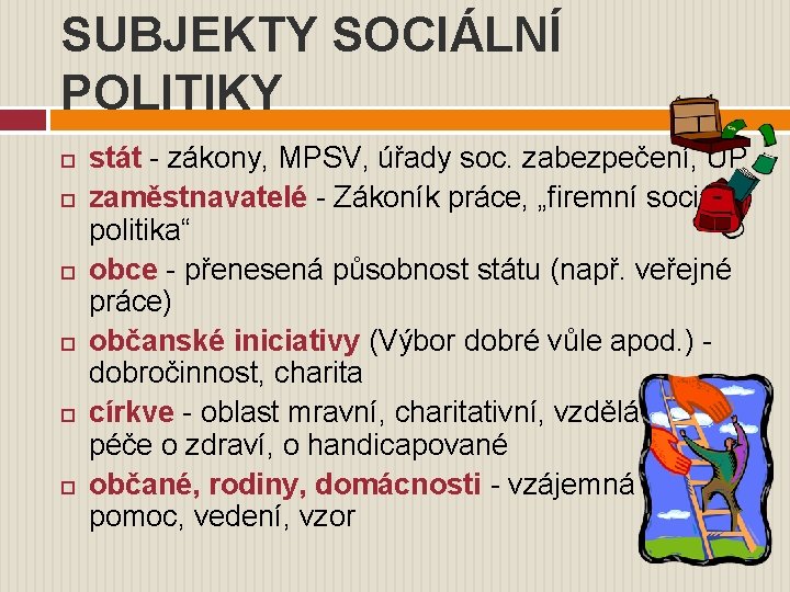 SUBJEKTY SOCIÁLNÍ POLITIKY stát - zákony, MPSV, úřady soc. zabezpečení, ÚP zaměstnavatelé - Zákoník