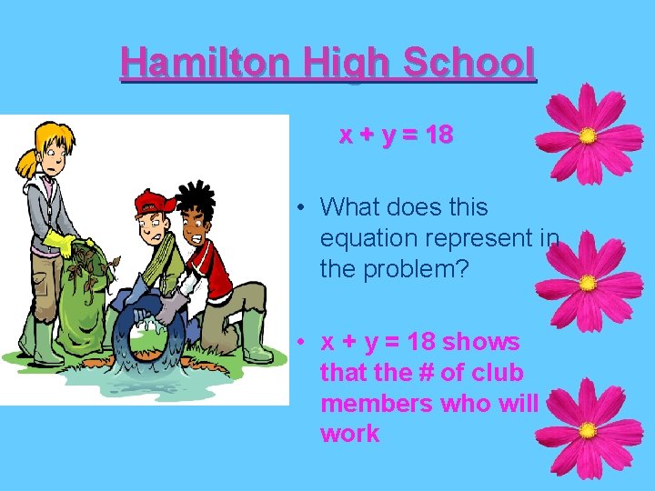 Hamilton High School x + y = 18 • What does this equation represent