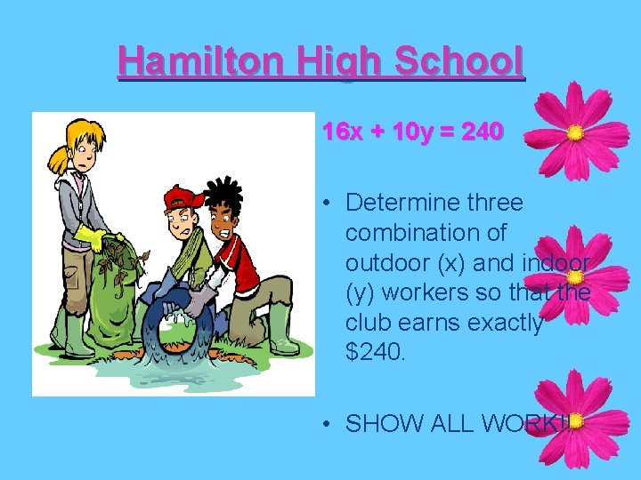 Hamilton High School 16 x + 10 y = 240 • Determine three combination