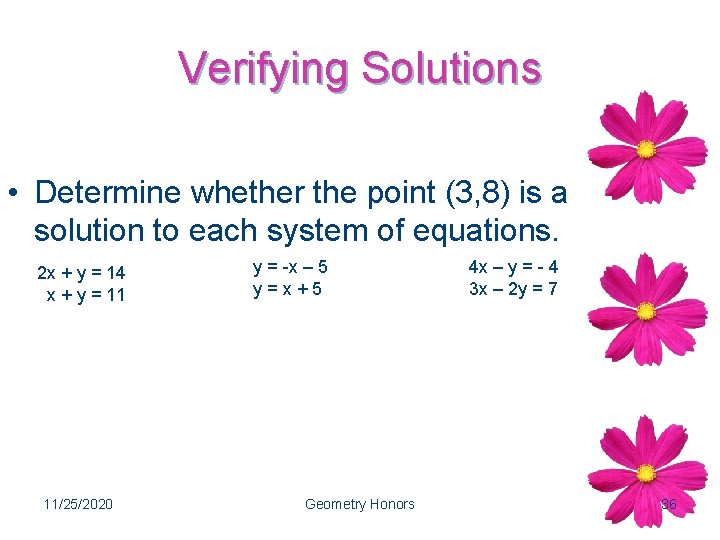 Verifying Solutions • Determine whether the point (3, 8) is a solution to each