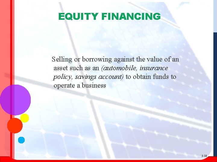 EQUITY FINANCING Selling or borrowing against the value of an asset such as an