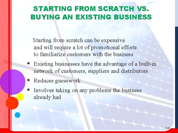 STARTING FROM SCRATCH VS. BUYING AN EXISTING BUSINESS Starting from scratch can be expensive