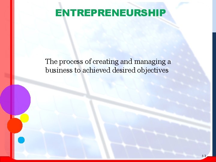 ENTREPRENEURSHIP The process of creating and managing a business to achieved desired objectives 5