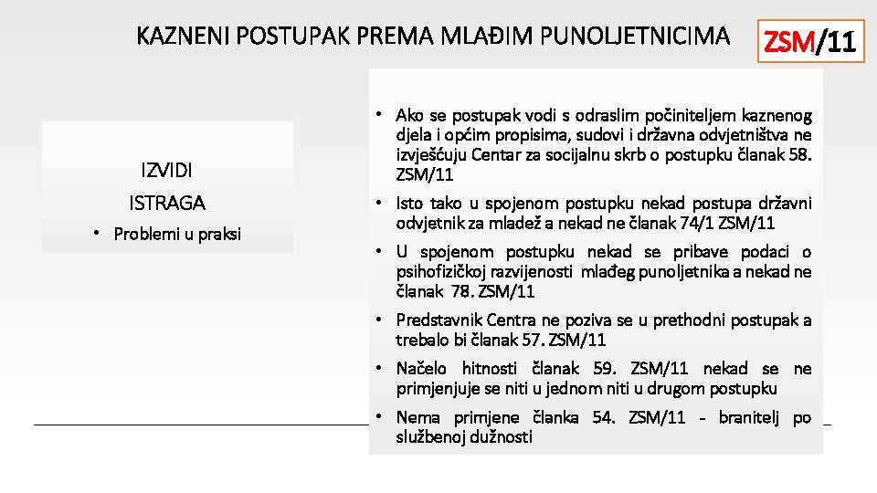 KAZNENI POSTUPAK PREMA MLAĐIM PUNOLJETNICIMA IZVIDI ISTRAGA • Problemi u praksi ZSM/11 • Ako