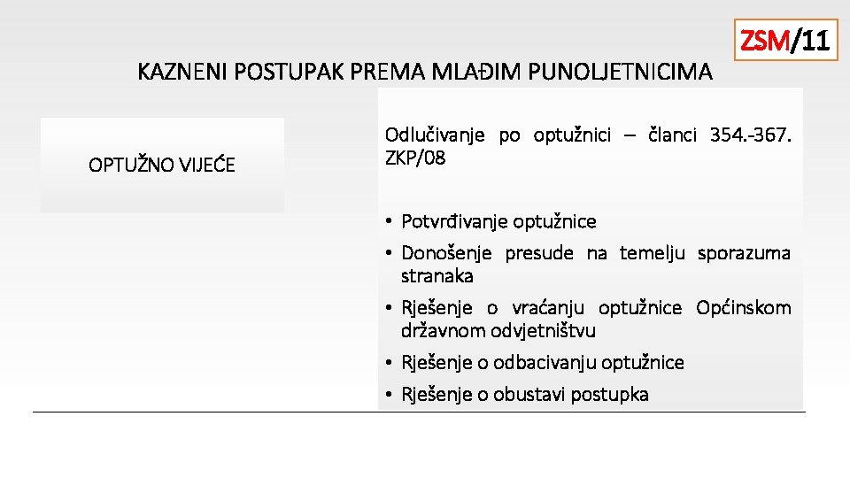 KAZNENI POSTUPAK PREMA MLAĐIM PUNOLJETNICIMA OPTUŽNO VIJEĆE ZSM/11 Odlučivanje po optužnici – članci 354.