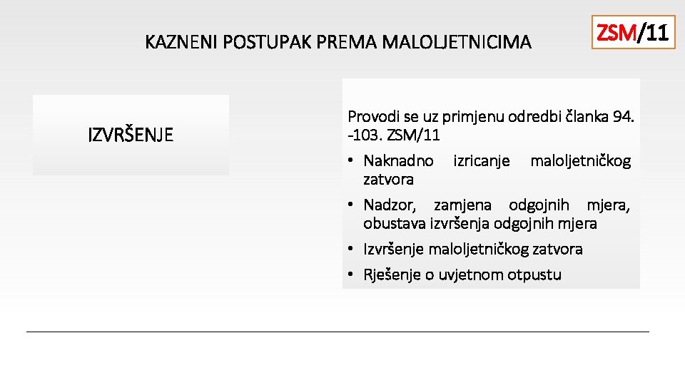 KAZNENI POSTUPAK PREMA MALOLJETNICIMA IZVRŠENJE ZSM/11 Provodi se uz primjenu odredbi članka 94. -103.
