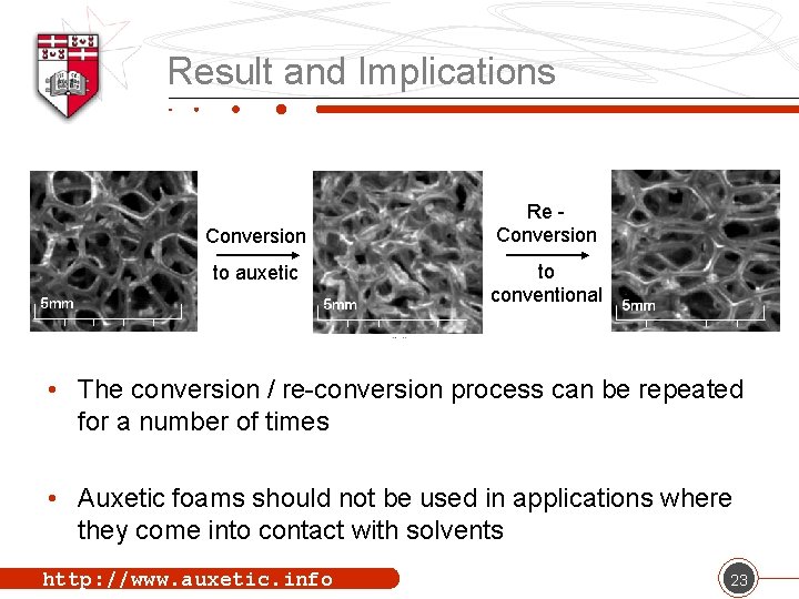 Result and Implications Conversion to auxetic Re Conversion to conventional • The conversion /