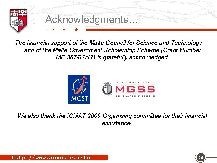 Acknowledgments… The financial support of the Malta Council for Science and Technology and of