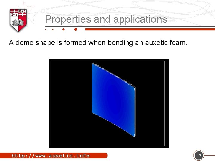 Properties and applications A dome shape is formed when bending an auxetic foam. http: