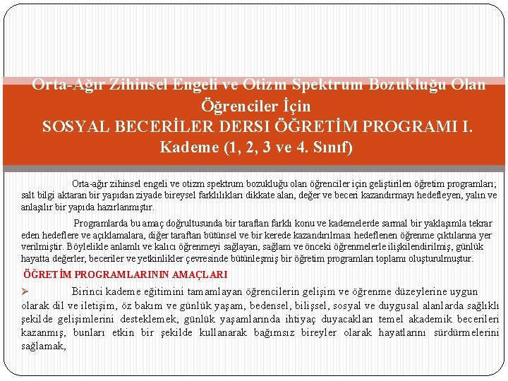 Orta-Ağır Zihinsel Engeli ve Otizm Spektrum Bozukluğu Olan Öğrenciler İçin SOSYAL BECERİLER DERSI ÖĞRETİM