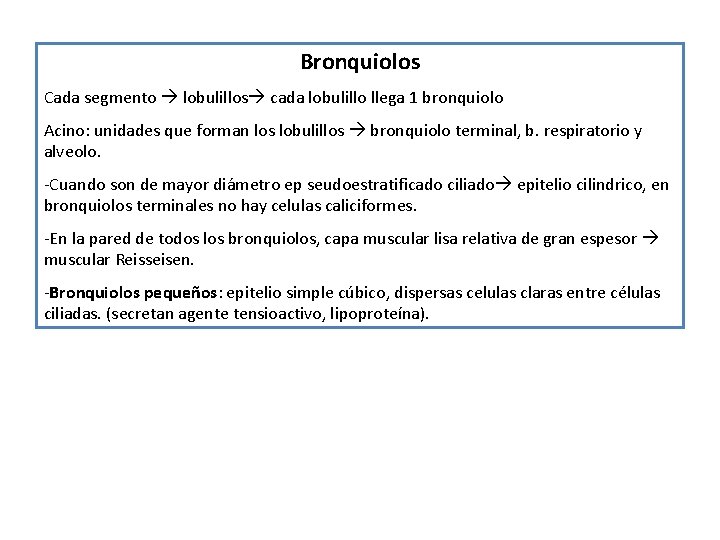 Bronquiolos Cada segmento lobulillos cada lobulillo llega 1 bronquiolo Acino: unidades que forman los