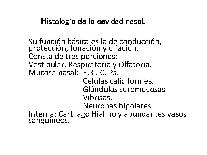 Histología de la cavidad nasal. Su función básica es la de conducción, protección, fonación