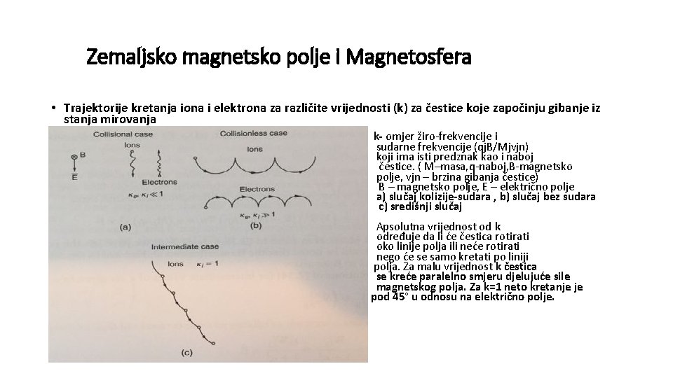 Zemaljsko magnetsko polje i Magnetosfera • Trajektorije kretanja iona i elektrona za različite vrijednosti