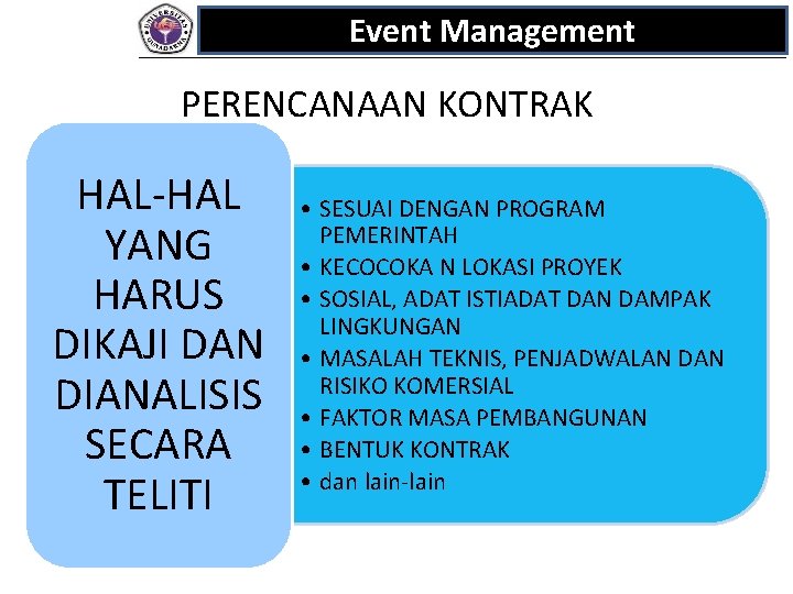 Event Management PERENCANAAN KONTRAK HAL-HAL YANG HARUS DIKAJI DAN DIANALISIS SECARA TELITI • SESUAI