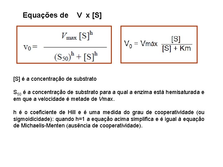 Equações de V x [S] é a concentração de substrato S 50 é a