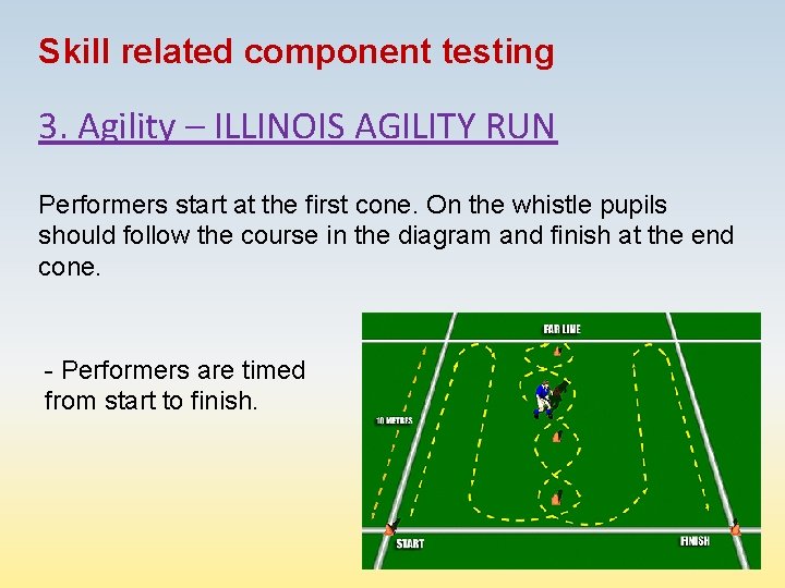Skill related component testing 3. Agility – ILLINOIS AGILITY RUN Performers start at the
