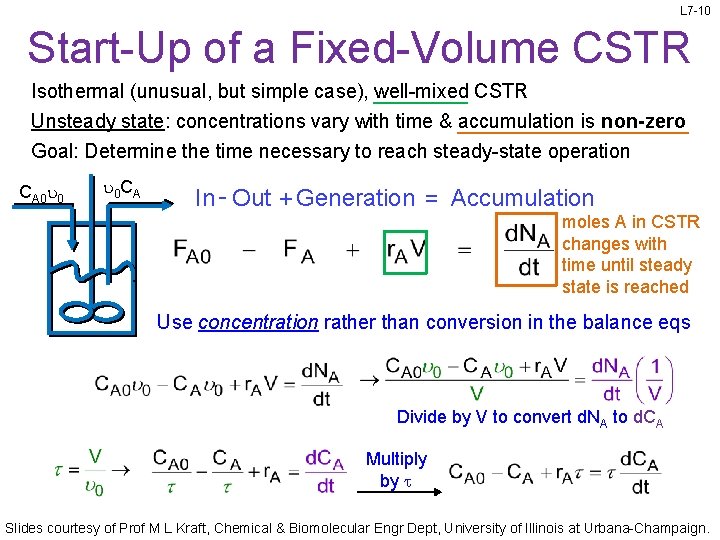 L 7 -10 Start-Up of a Fixed-Volume CSTR Isothermal (unusual, but simple case), well-mixed L 7 -10 Start-Up of a Fixed-Volume CSTR Isothermal (unusual, but simple case), well-mixed