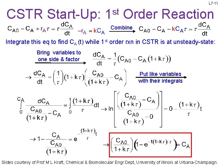 L 7 -11 CSTR Start-Up: 1 st Order Reaction Combine Integrate this eq to L 7 -11 CSTR Start-Up: 1 st Order Reaction Combine Integrate this eq to