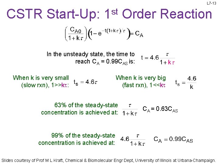 L 7 -13 CSTR Start-Up: 1 st Order Reaction In the unsteady state, the L 7 -13 CSTR Start-Up: 1 st Order Reaction In the unsteady state, the