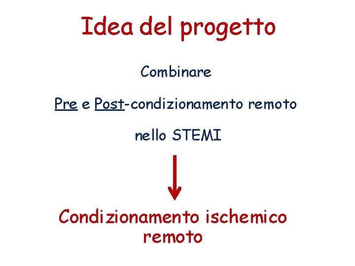 Idea del progetto Combinare Pre e Post-condizionamento remoto nello STEMI Condizionamento ischemico remoto 