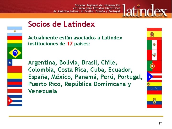 Socios de Latindex Actualmente están asociados a Latindex instituciones de 17 países: Argentina, Bolivia,