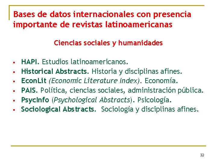 Bases de datos internacionales con presencia importante de revistas latinoamericanas Ciencias sociales y humanidades