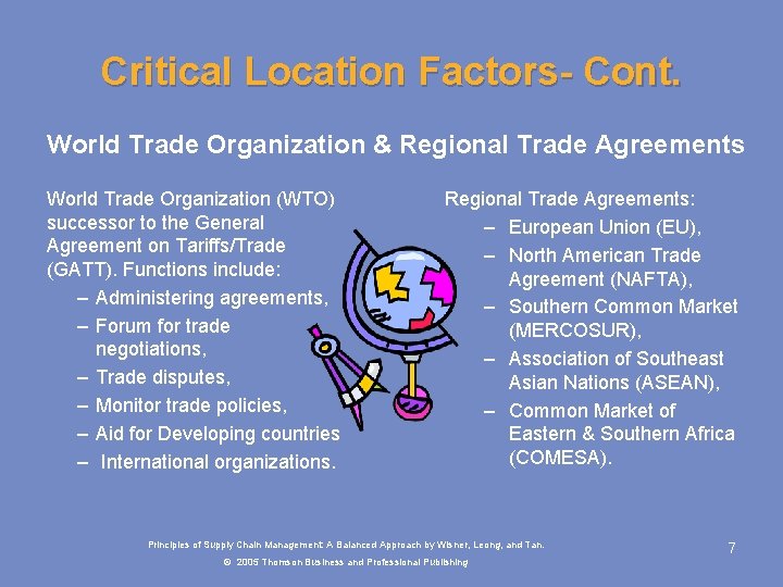 Critical Location Factors- Cont. World Trade Organization & Regional Trade Agreements World Trade Organization