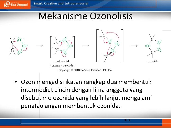 Mekanisme Ozonolisis • Ozon mengadisi ikatan rangkap dua membentuk intermediet cincin dengan lima anggota